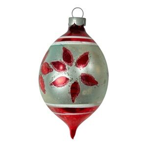 Vintage 4" Poland Teardrop Poinsettia Mercury Glass Christmas Ornament Red Green